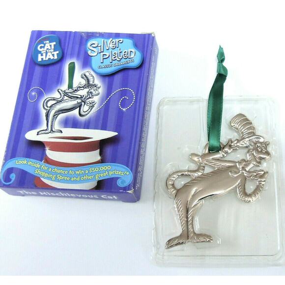 Silver Plate Dr Suess Christmas Ornaments Mischievous Cat In Hat Tree New In Box - Picture 4 of 4